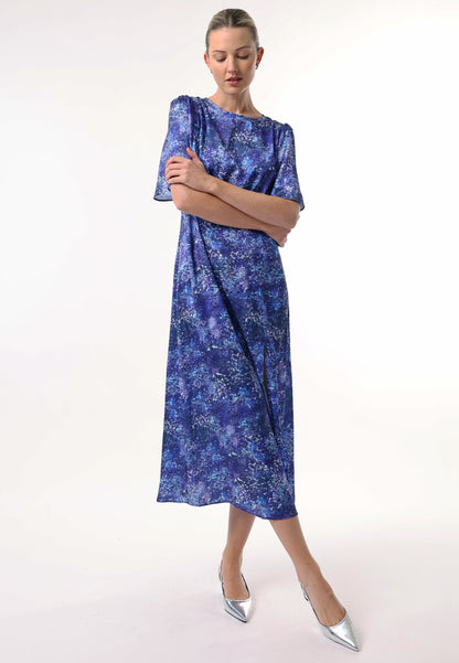 Angel Sleeves Midi Dress with Side Slit in Blue Multi Print - ANGELEYE