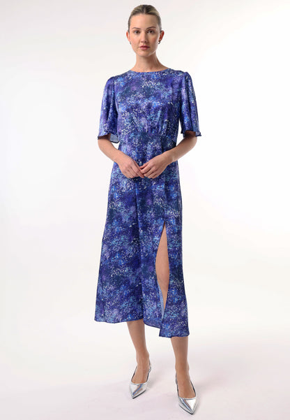 Angel Sleeves Midi Dress with Side Slit in Blue Multi Print - ANGELEYE