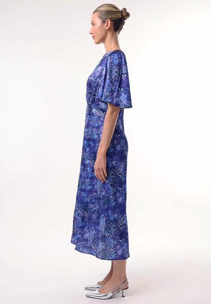 Angel Sleeves Midi Dress with Side Slit in Blue Multi Print - ANGELEYE