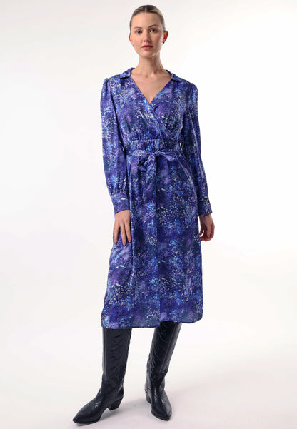 Collared Faux Wrap Midi Dress with Tie Waist in Blue Multi Print - ANGELEYE