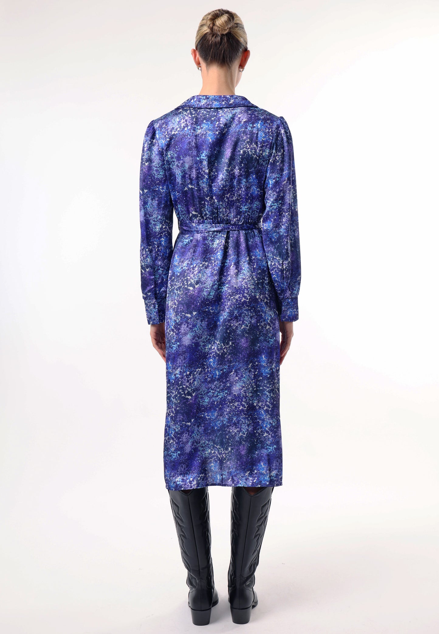 Collared Faux Wrap Midi Dress with Tie Waist in Blue Multi Print