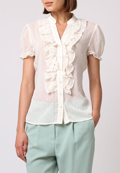 Notch Neck Frill Details Cream Chiffon Shirt - ANGELEYE