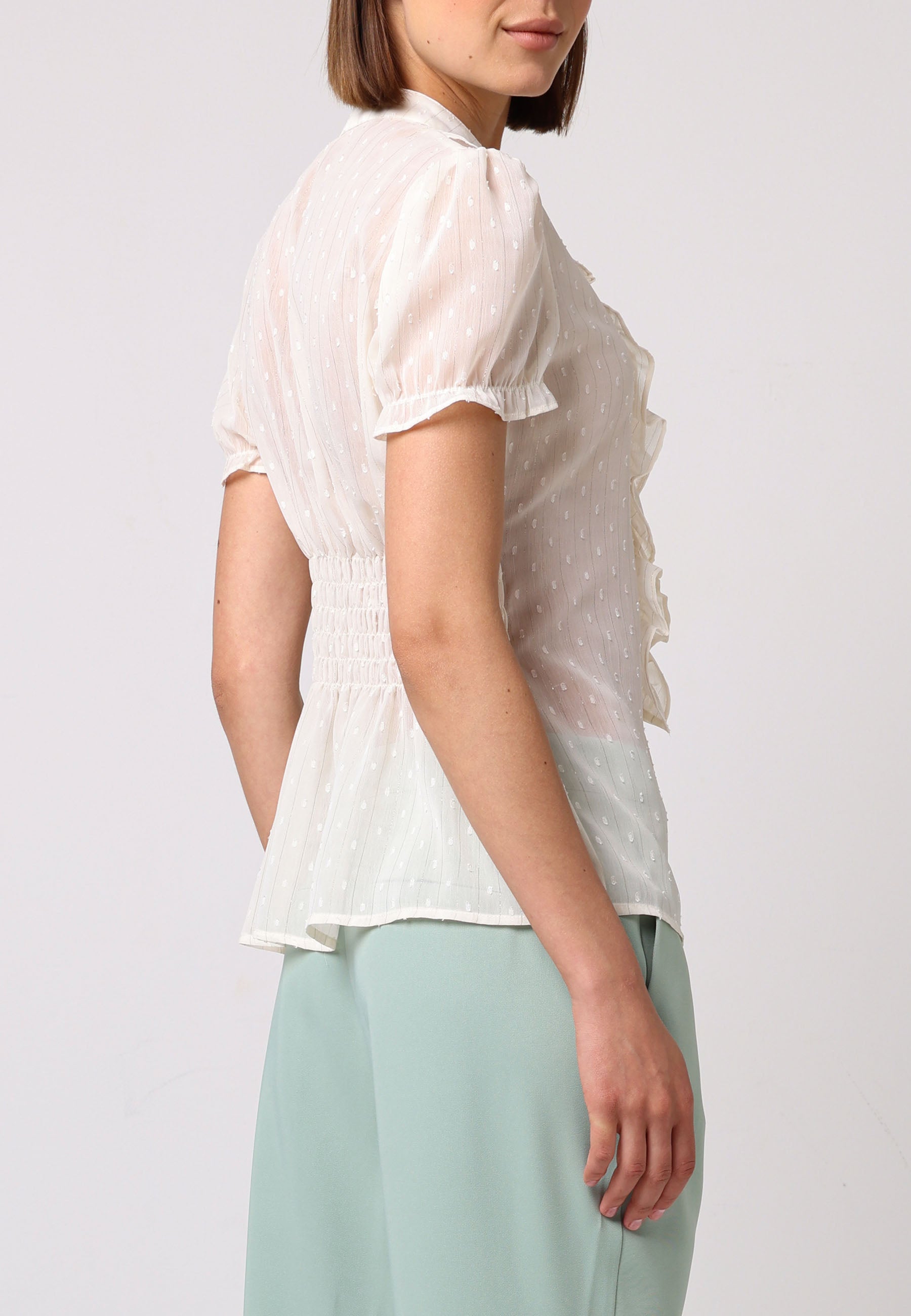 Notch Neck Frill Details Cream Chiffon Shirt - ANGELEYE