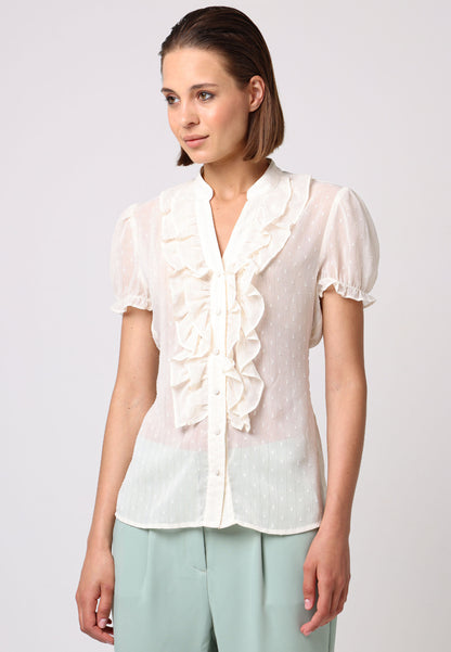 Notch Neck Frill Details Cream Chiffon Shirt - ANGELEYE