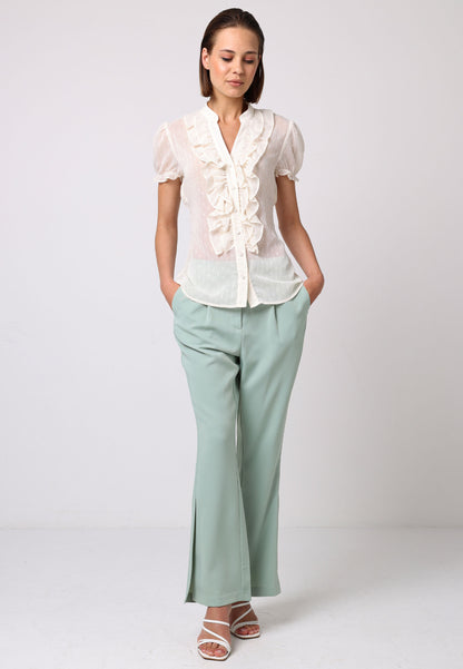 Notch Neck Frill Details Cream Chiffon Shirt - ANGELEYE