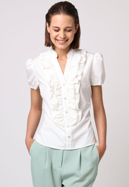 Notch Neck Frill Details White Cotton Shirt - ANGELEYE