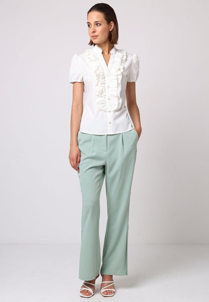 Notch Neck Frill Details White Cotton Shirt - ANGELEYE