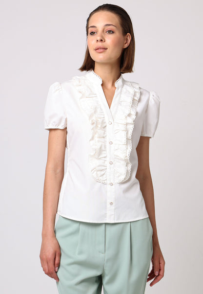 Notch Neck Frill Details White Cotton Shirt - ANGELEYE