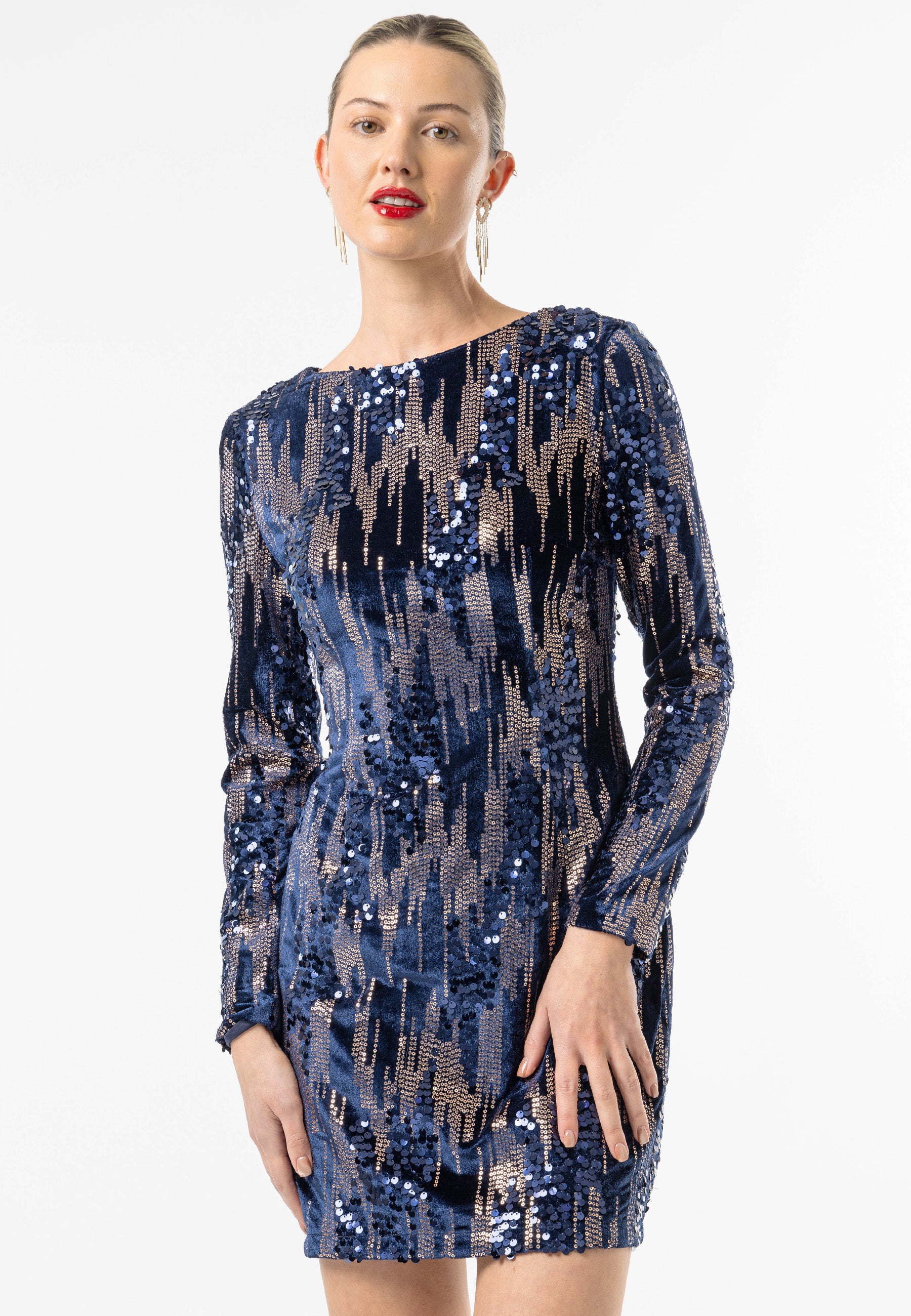 Velvet Sequin Mini Cocktail Dress in Navy | ANGELEYE Velvet Sequin Mini Cocktail Dress in Navy | ANGELEYE