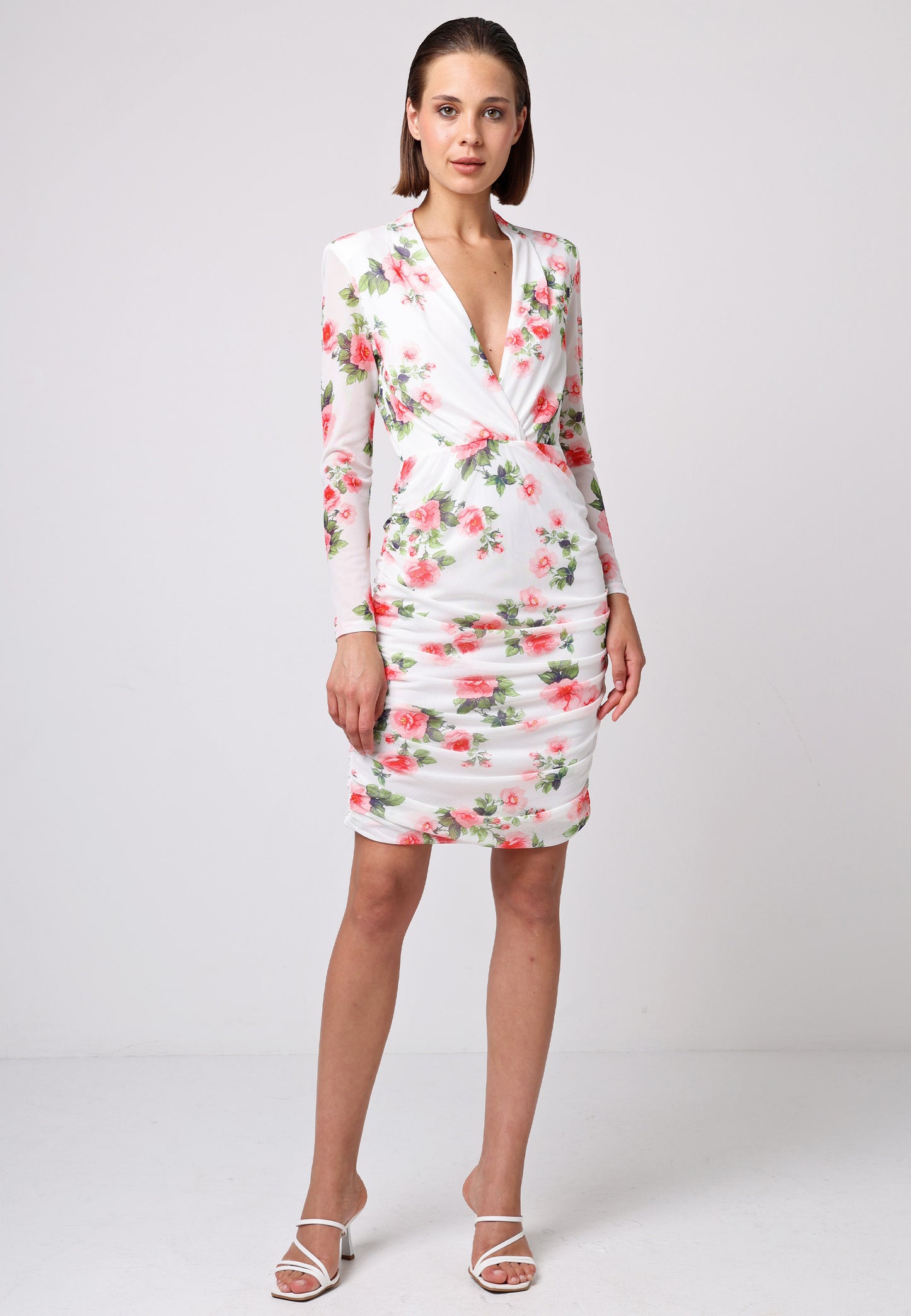 Wrap Top Long Sleeve Mini Dress with Ruched Sides in Rose Print