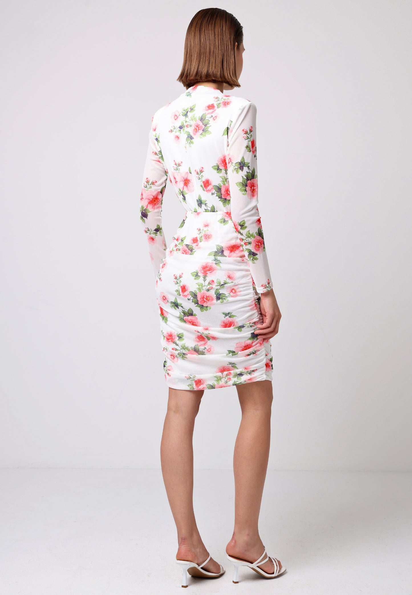 Wrap Top Long Sleeve Mini Dress with Ruched Sides in Rose Print