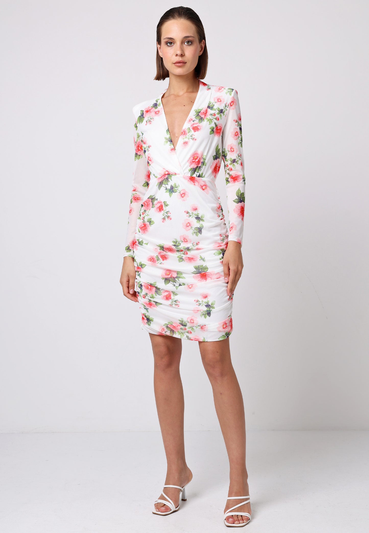 Wrap Top Long Sleeve Mini Dress with Ruched Sides in Rose Print