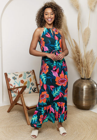 Halter Neck Maxi Dress in Tropical Print