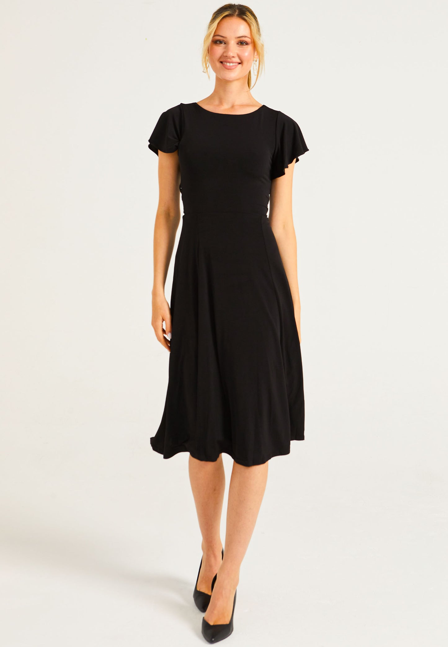 Reversible Midi Dress With Flutter Sleeves & Waist Tie In Black