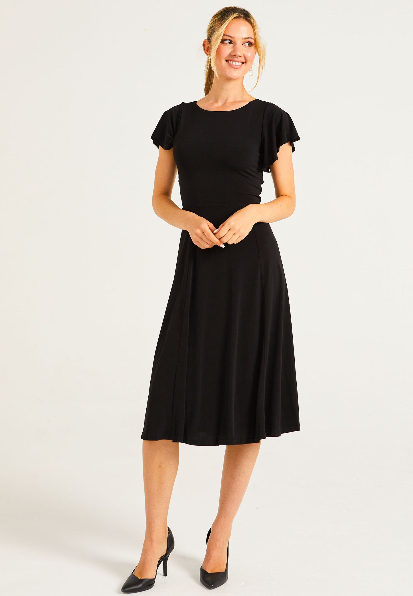 Reversible Midi Dress With Flutter Sleeves & Waist Tie In Black