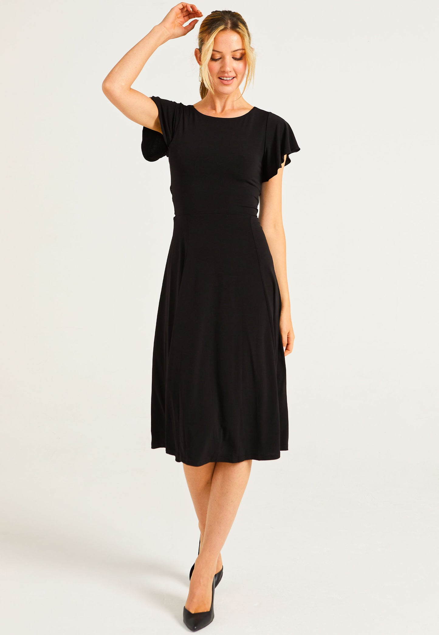 Reversible Midi Dress With Flutter Sleeves & Waist Tie In Black