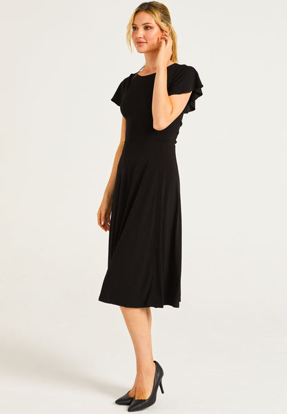 Reversible Midi Dress With Flutter Sleeves & Waist Tie In Black