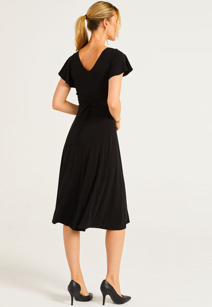 Reversible Midi Dress With Flutter Sleeves & Waist Tie In Black