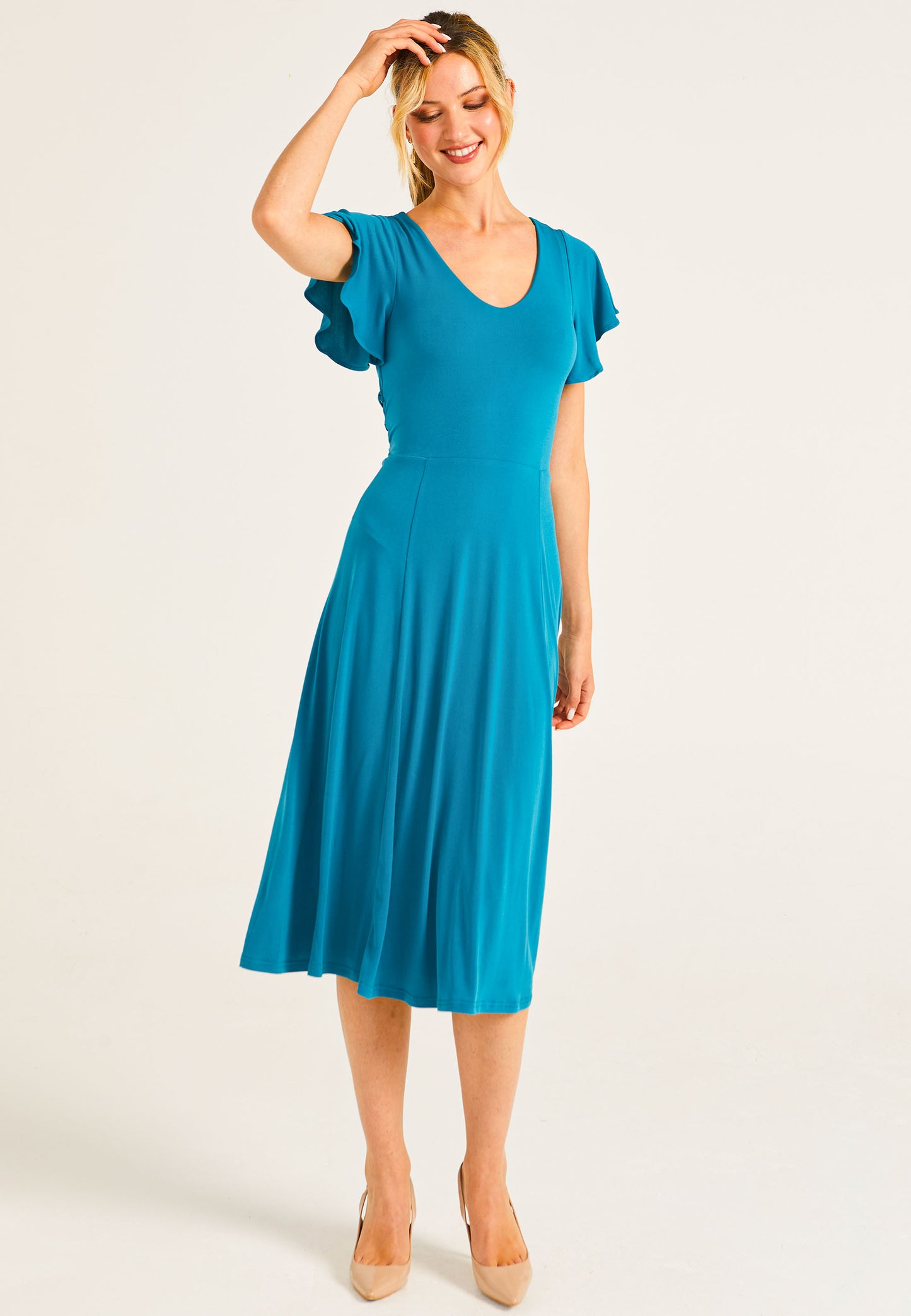 Reversible Midi Dress With Flutter Sleeves & Waist Tie In Teal