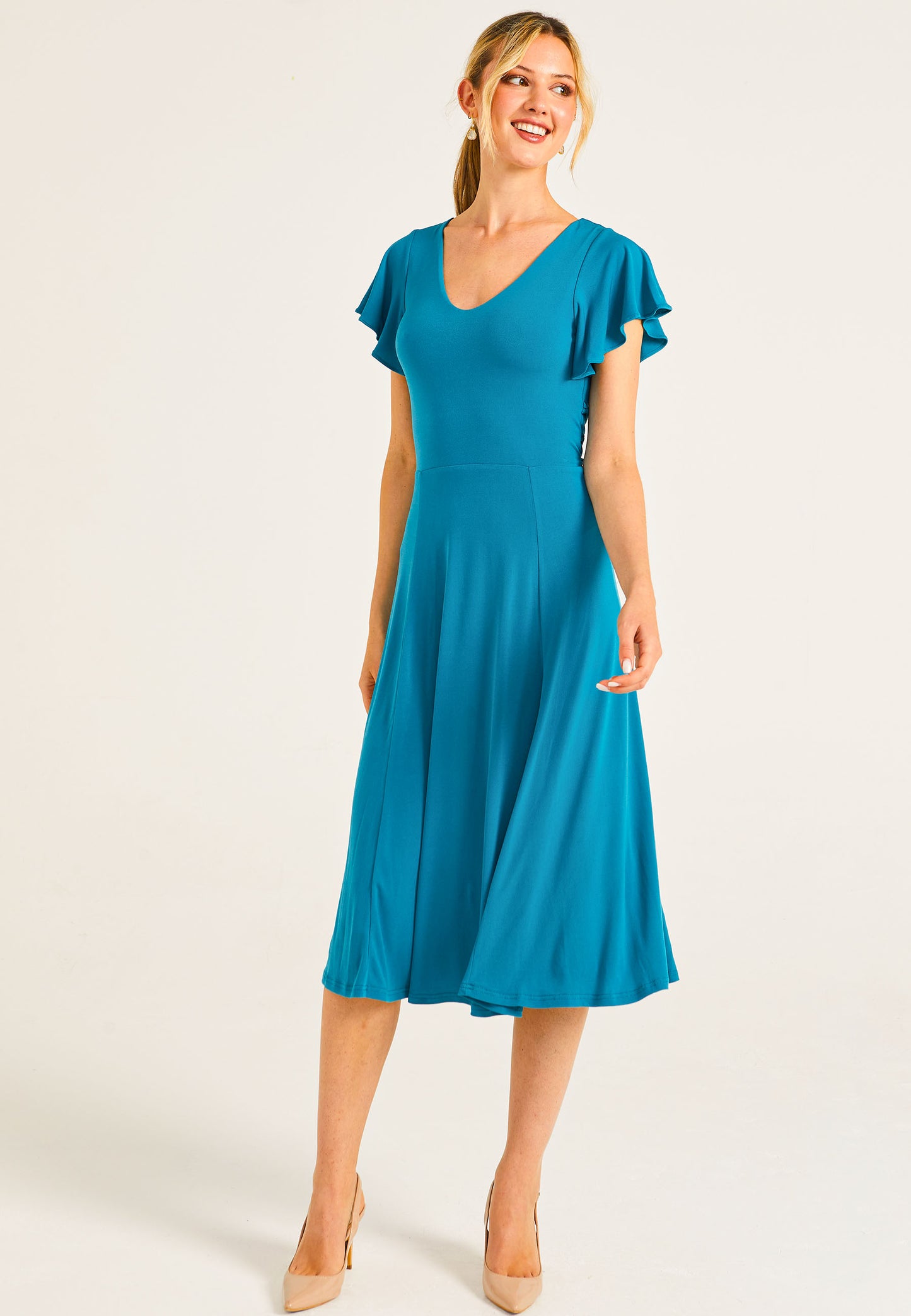 Reversible Midi Dress With Flutter Sleeves & Waist Tie In Teal