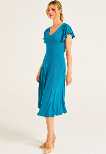 Reversible Midi Dress With Flutter Sleeves & Waist Tie In Teal