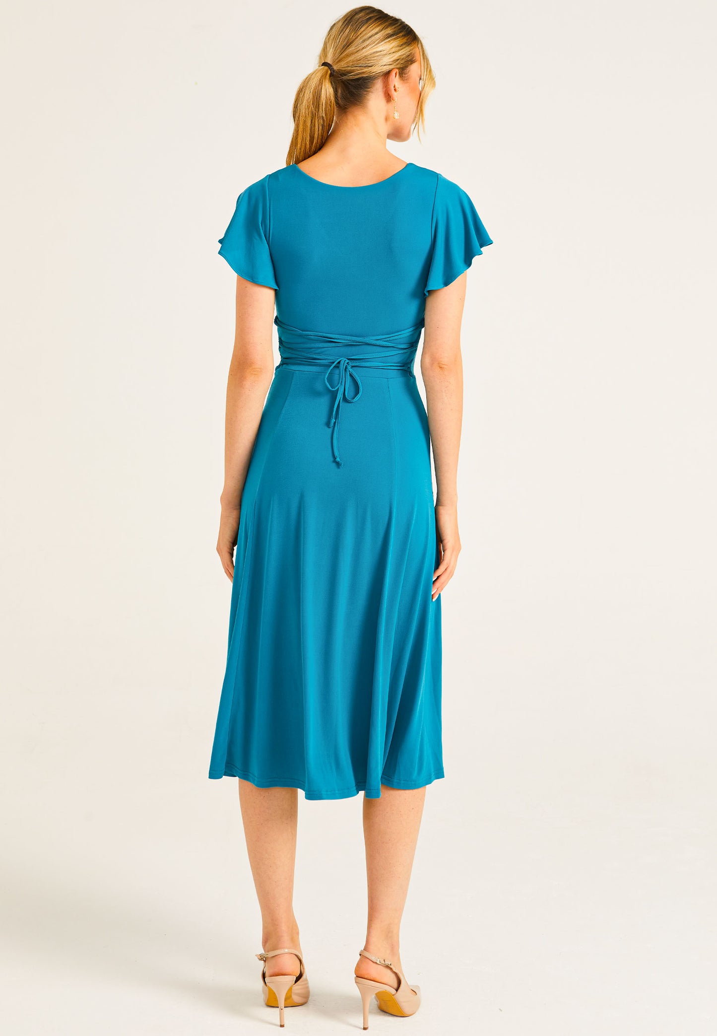 Reversible Midi Dress With Flutter Sleeves & Waist Tie In Teal