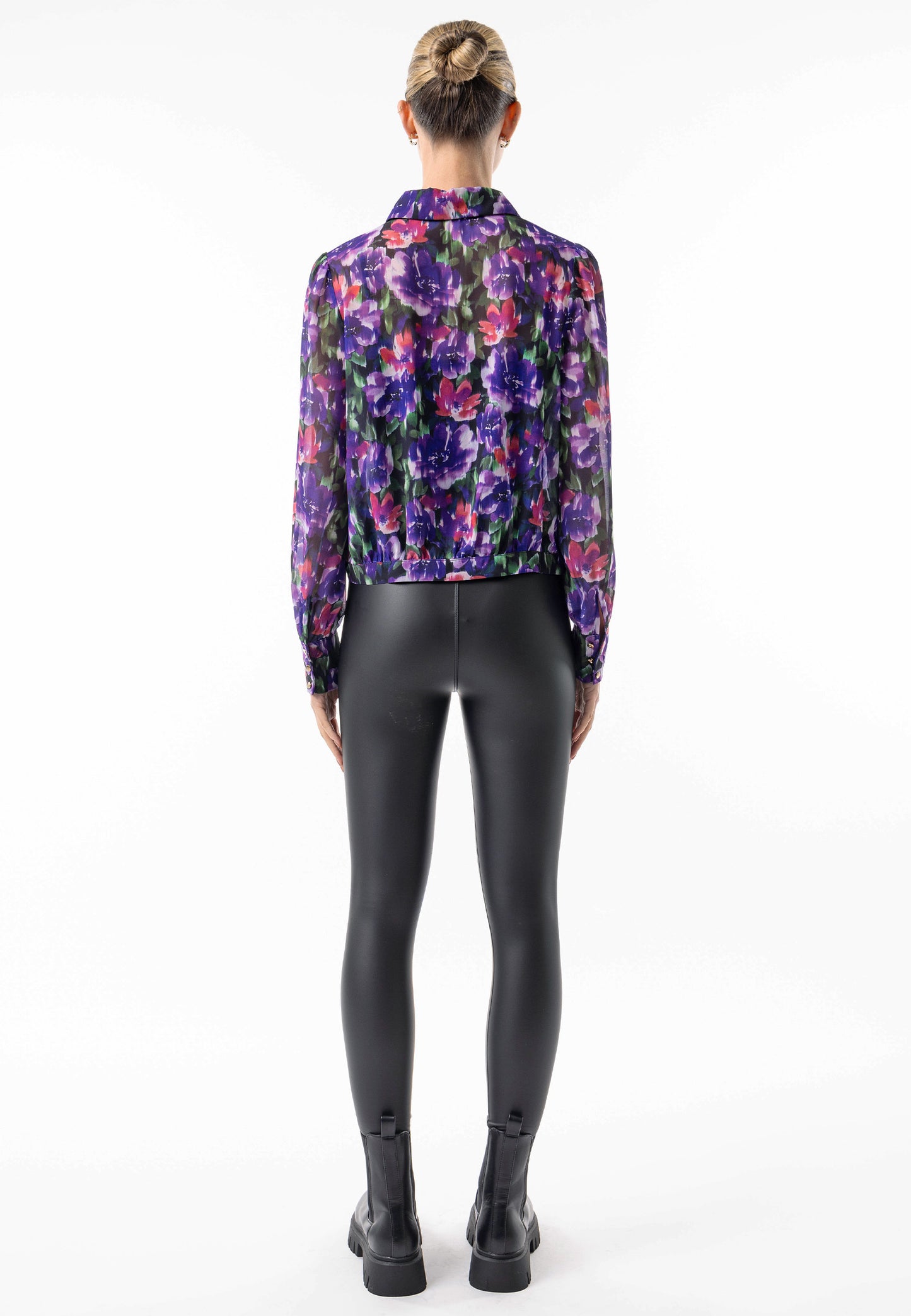 Semi Sheer Collar Blouse in Purple Floral Print