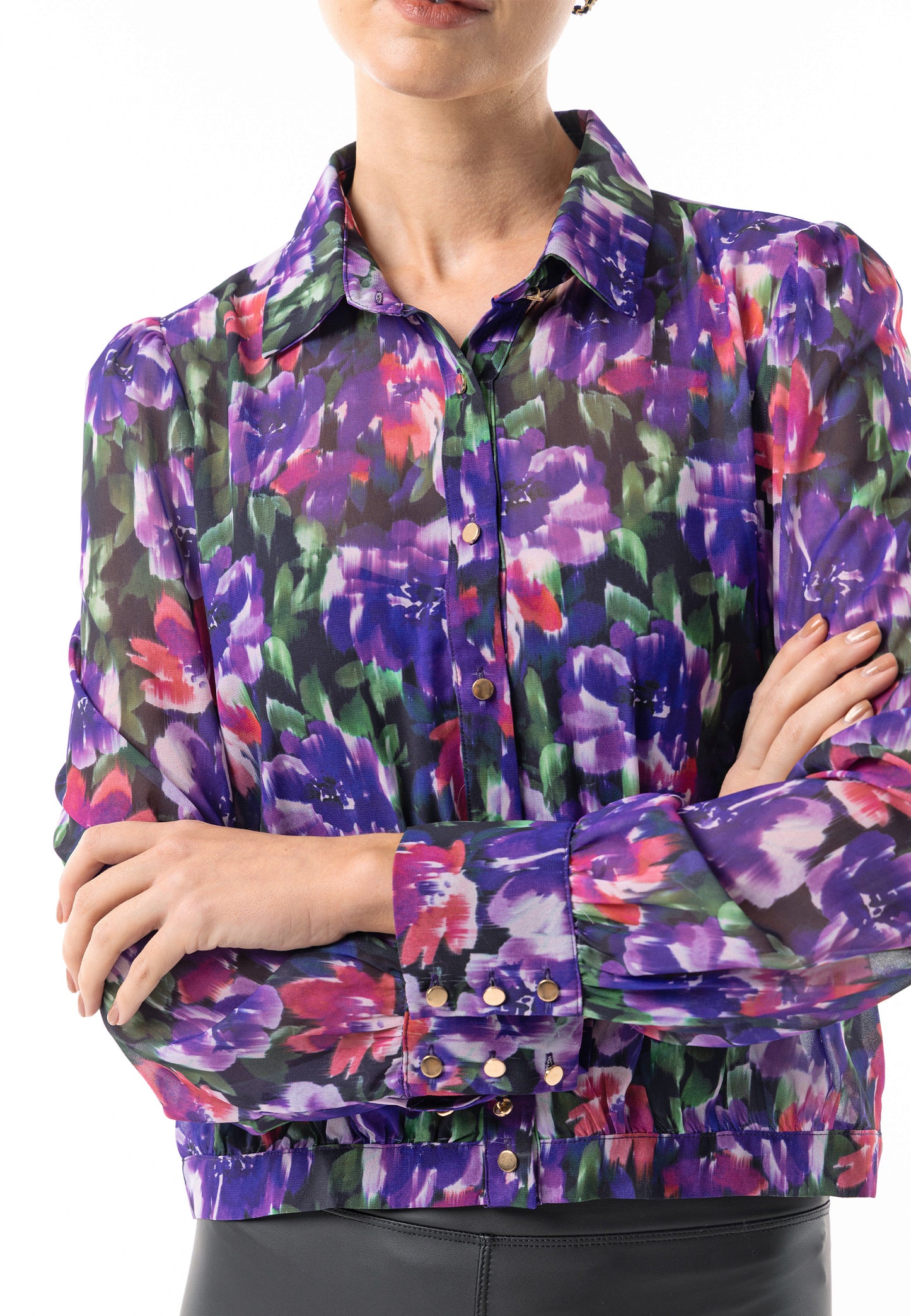 Semi Sheer Collar Blouse in Purple Floral Print