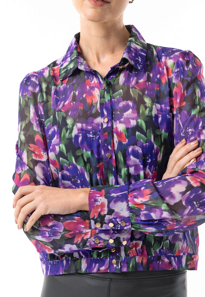 Semi Sheer Collar Blouse in Purple Floral Print - ANGELEYE