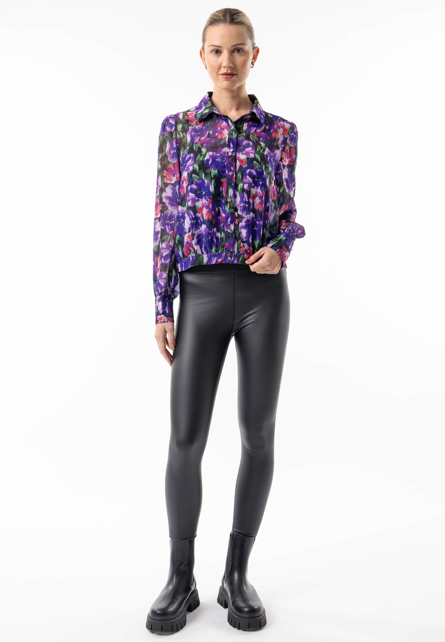 Semi Sheer Collar Blouse in Purple Floral Print