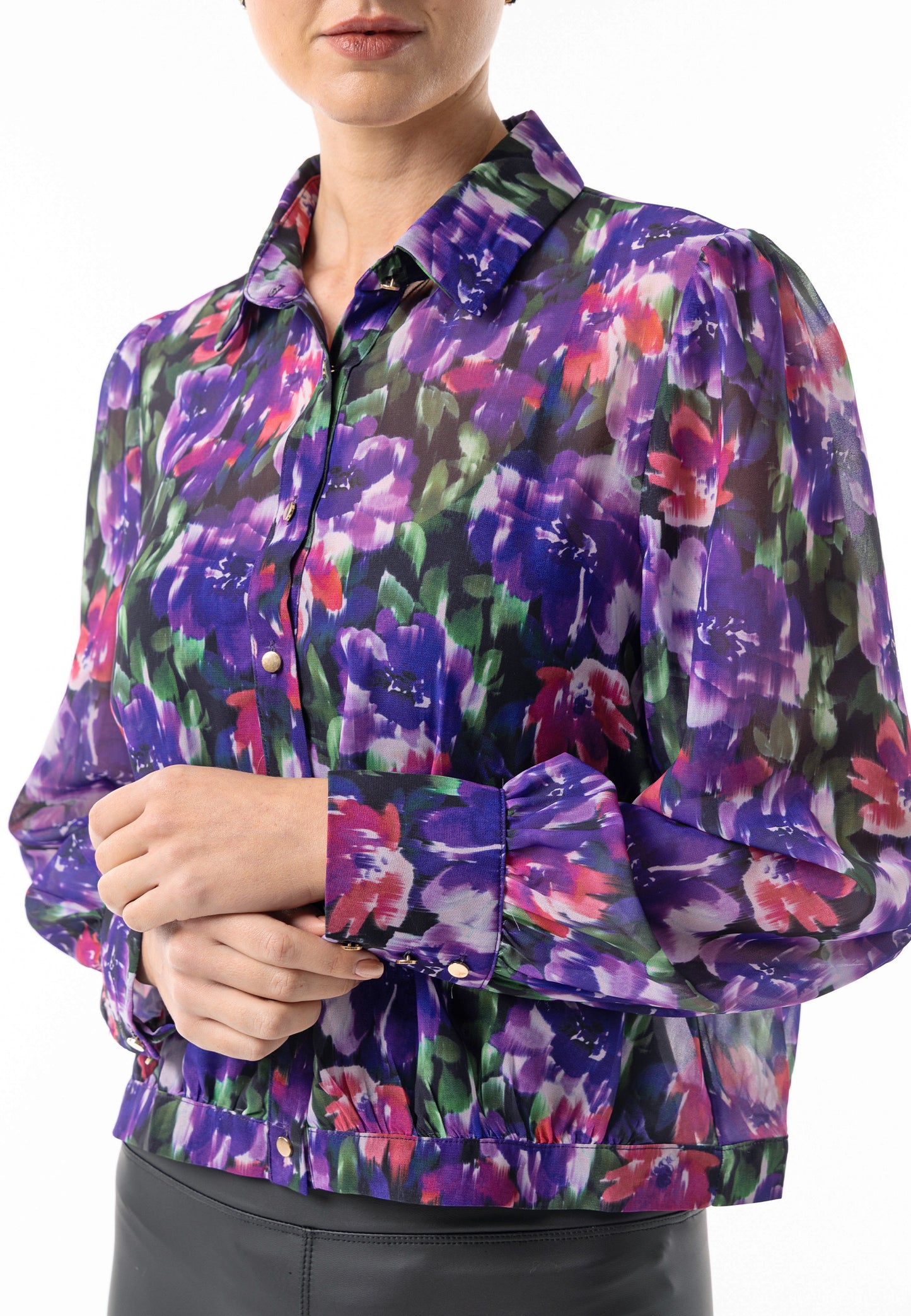 Semi Sheer Collar Blouse in Purple Floral Print