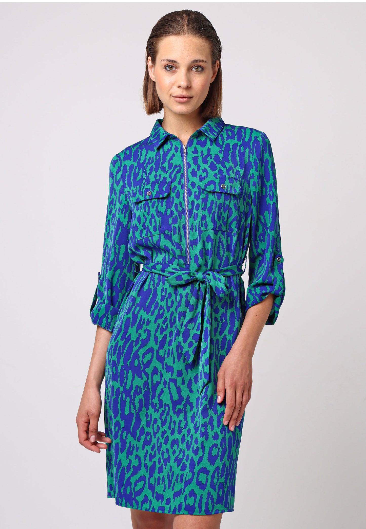 Midi Shirt Dress With Zip In Green Blue Animal Print