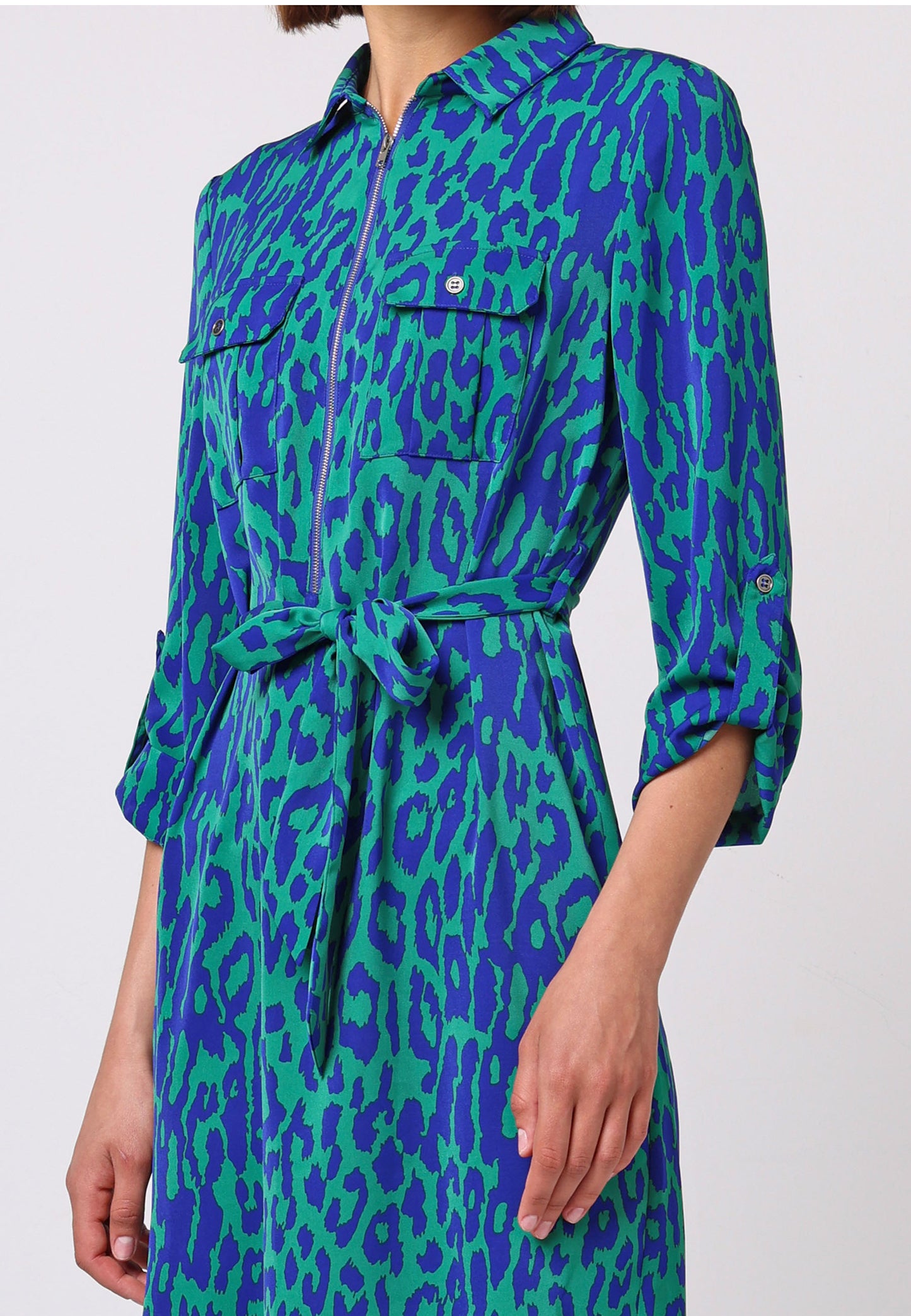 Midi Shirt Dress With Zip In Green Blue Animal Print