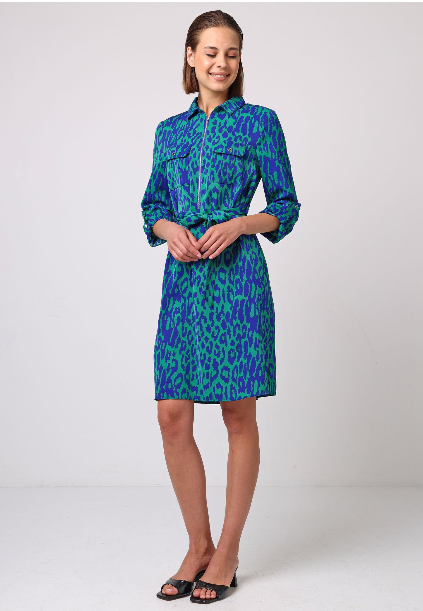 Midi Shirt Dress With Zip In Green Blue Animal Print