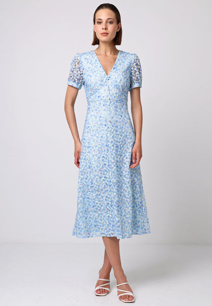 Puff Sleeve V-Neck Floral Organza Dress in Blue