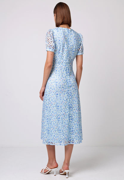 Puff Sleeve V-Neck Floral Organza Dress in Blue