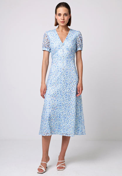 Puff Sleeve V-Neck Floral Organza Dress in Blue