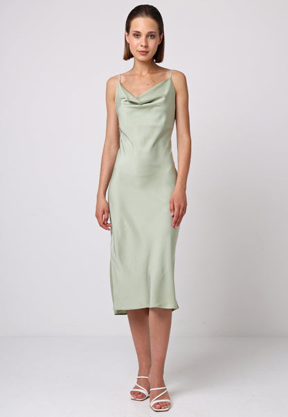 Satin Cowl Neck Midi Dress in Sage Green