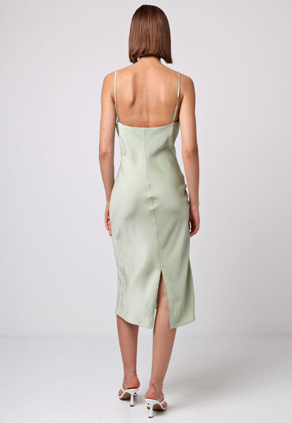 Satin Cowl Neck Midi Dress in Sage Green