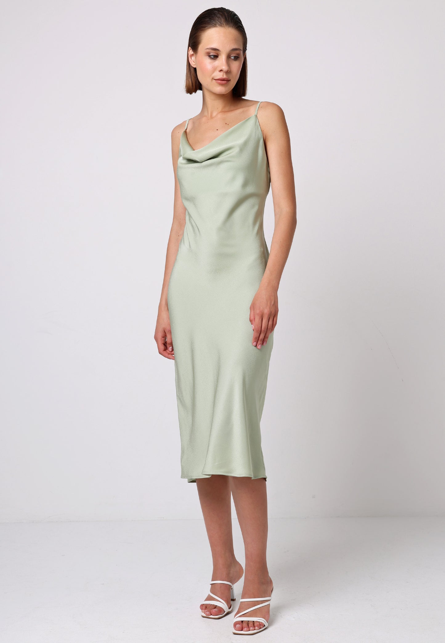 Satin Cowl Neck Midi Dress in Sage Green