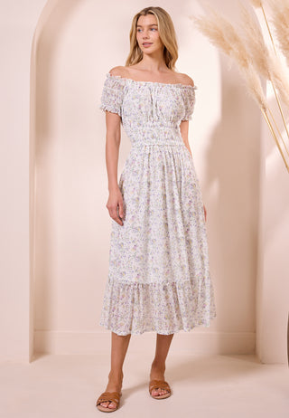 White Ditsy Mesh Bardot Maxi Dress