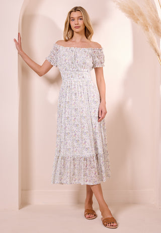 White Ditsy Mesh Bardot Maxi Dress