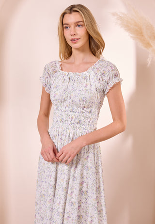 White Ditsy Mesh Bardot Maxi Dress