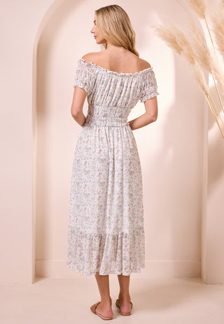 White Ditsy Mesh Bardot Maxi Dress