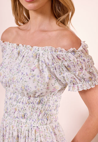 White Ditsy Mesh Bardot Maxi Dress