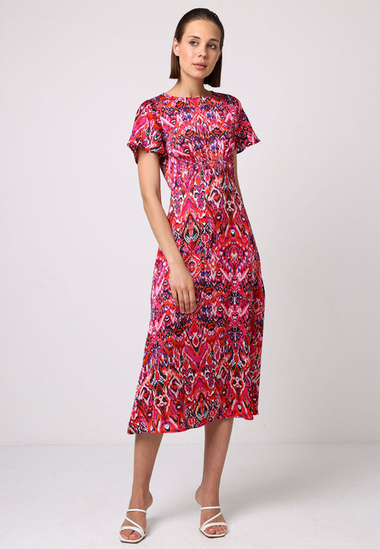 Butterfly Sleeve Tea Dress With Elastic Waist Detail In Pink - ANGELEYE