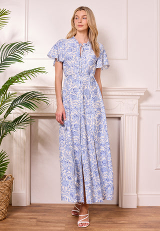 White Summer Maxi Dress with Blue Florals