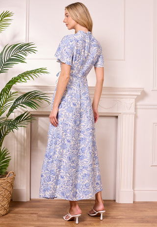 White Summer Maxi Dress with Blue Florals