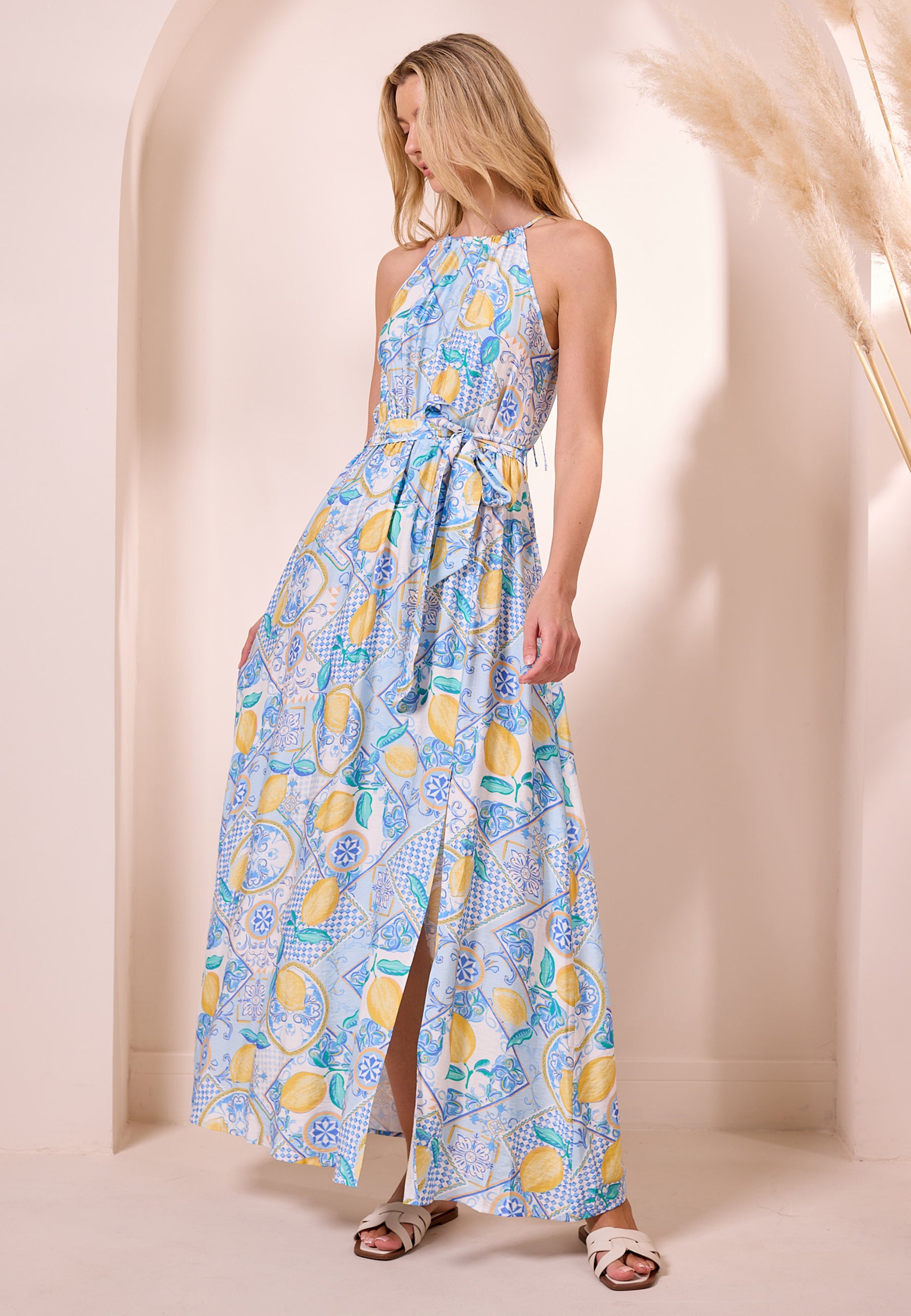 Blue Halterneck Maxi Dress with Lemons | ANGELEYE Blue Halterneck Maxi Dress with Lemons | ANGELEYE