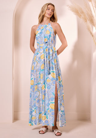 Blue Halterneck Maxi Dress with Lemons